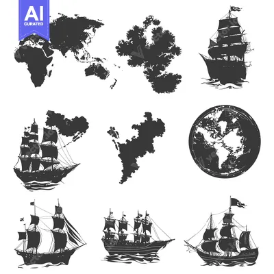 Popular premium asset: A Collection of Black and White Silhouettes Depicting Ships and Maps