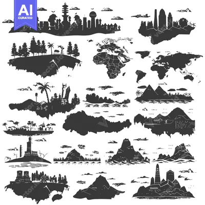 A Collection of Black and White Silhouettes Depicting Various Landscap