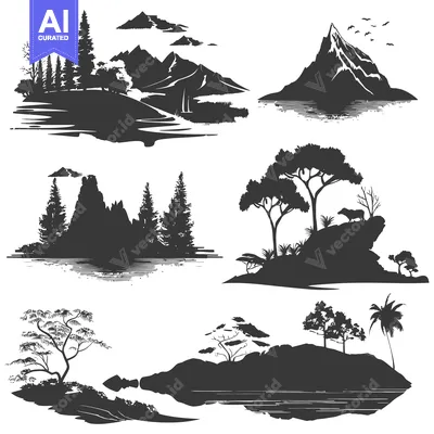 Aset desain premium: A Collection of Black and White Silhouettes Depicting Various Natural