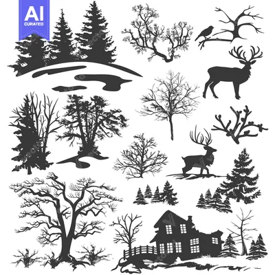 A Collection of Black and White Silhouettes Depicting Various Trees, a