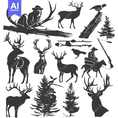 Aset desain premium: A Collection of Black and White Silhouettes Depicting Wildlife and Hun