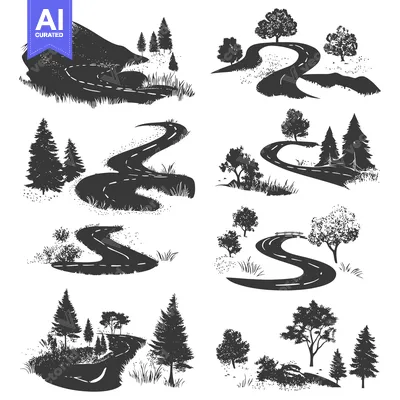 Aset desain premium: A Collection of Black and White Silhouettes Featuring Winding Roads Th