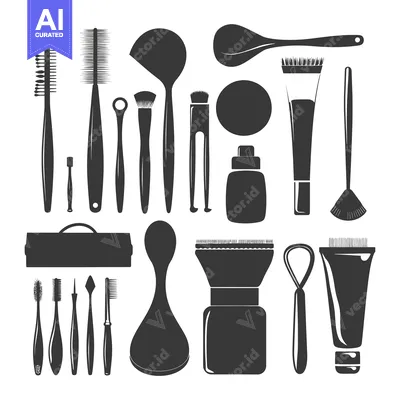 Aset desain premium: A Collection of Black and White Silhouettes of Beauty Tools and Produc
