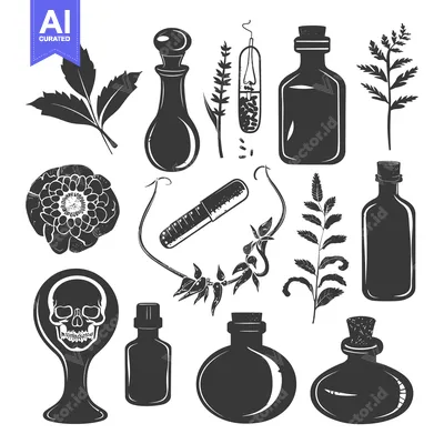 Aset premium populer: A Collection of Black and White Silhouettes of Bottles, Herbs, and Flo