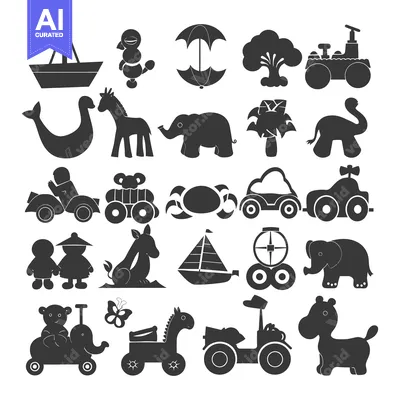 Aset desain premium: A Collection of Black and White Silhouettes of Children's Toys