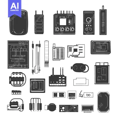 A Collection of Black and White Silhouettes of Electronic Components a