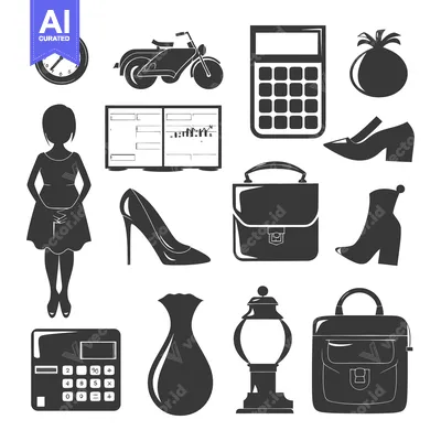 Aset desain premium: A Collection of Black and White Silhouettes of Everyday Objects