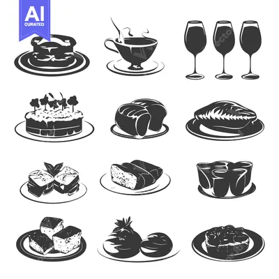 Premium design asset: A Collection of Black and White Silhouettes of Food and Drinks on Plat