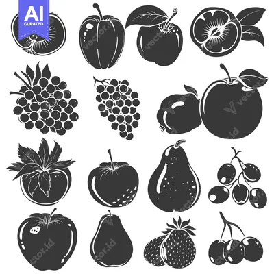 Aset desain premium: A Collection of Black and White Silhouettes of Fruits and Berries