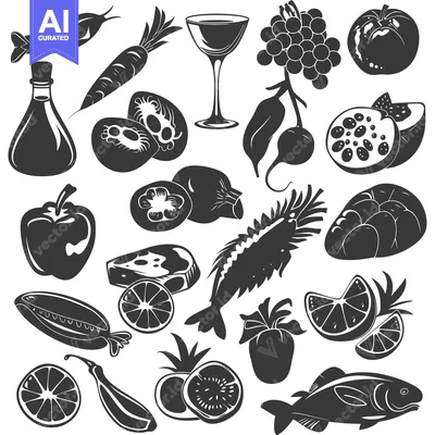 Premium design asset: A Collection of Black and White Silhouettes of Fruits, Vegetables, Sea