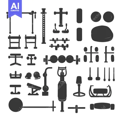 Aset desain premium: A Collection of Black and White Silhouettes of Gym Equipment