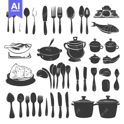 Premium design asset: A Collection of Black and White Silhouettes of Kitchen Utensils and Fo