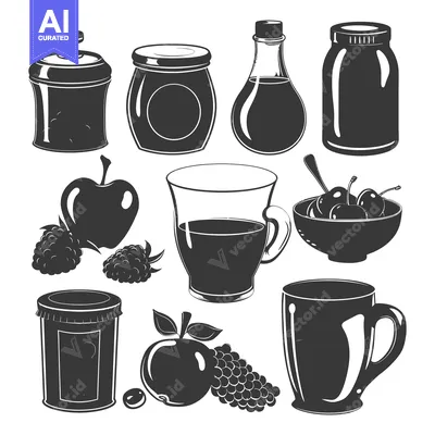A Collection of Black and White Silhouettes of Kitchenware, Fruits, an