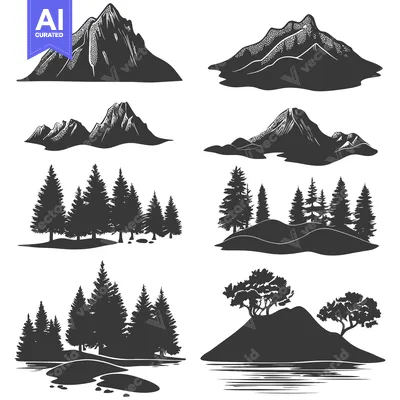 Aset premium populer: A Collection of Black and White Silhouettes of Mountains, Trees, and I
