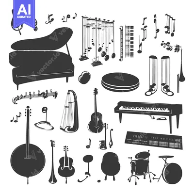 A Collection of Black and White Silhouettes of Musical Instruments