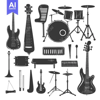 Premium design asset: A Collection of Black and White Silhouettes of Musical Instruments