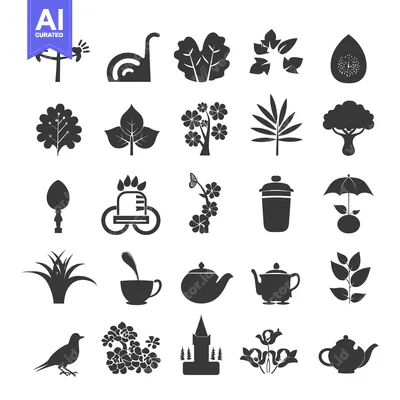 Aset premium populer: A Collection of Black and White Silhouettes of Plants, Flowers, Teapot