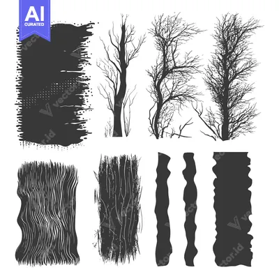 Aset desain premium: A Collection of Black and White Silhouettes of Trees and Abstract Shap