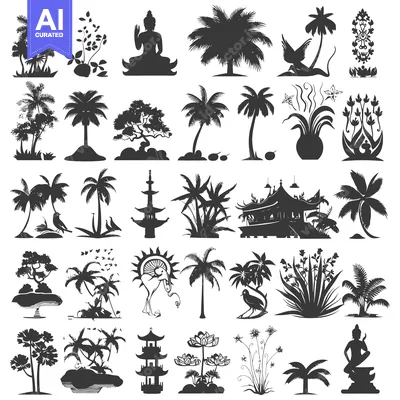 Aset premium populer: A Collection of Black and White Silhouettes of Tropical and Asian-Them