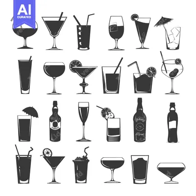 Aset premium populer: A Collection of Black and White Silhouettes of Various Cocktails and B