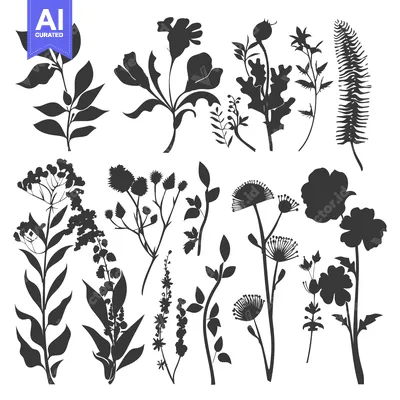 Aset desain premium: A Collection of Black and White Silhouettes of Various Flowers and Pla