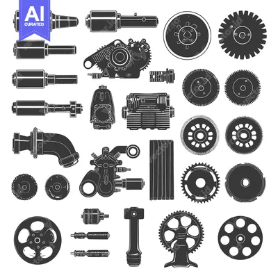 A Collection of Black and White Silhouettes of Various Machine Parts
