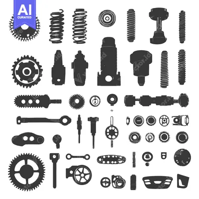 Aset premium populer: A Collection of Black and White Silhouettes of Various Mechanical Part