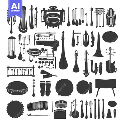 Aset premium populer: A Collection of Black and White Silhouettes of Various Musical Instrum