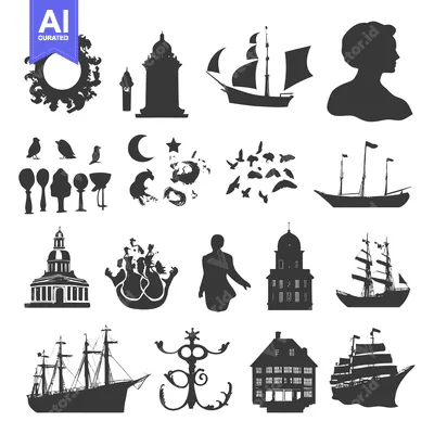 Aset desain premium: A Collection of Black and White Silhouettes of Various Objects and Cre