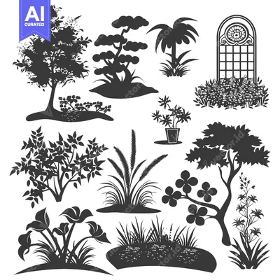 Premium design asset: A Collection of Black and White Silhouettes of Various Plants and Tree