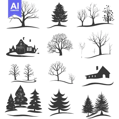 A Collection of Black and White Silhouettes of Winter Landscape Elemen