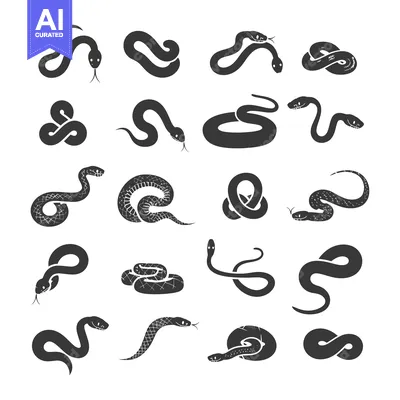Aset desain premium: A Collection of Black and White Snake Silhouettes in Various Poses