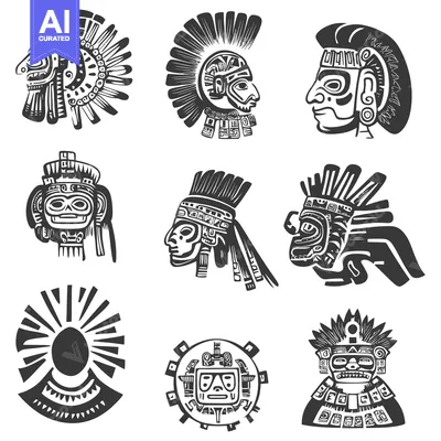 A Collection of Black and White Stylized Aztec-Inspired Illustrations