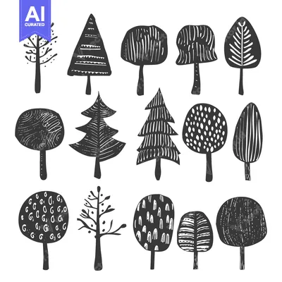 Aset premium populer: A Collection of Black and White Stylized Trees