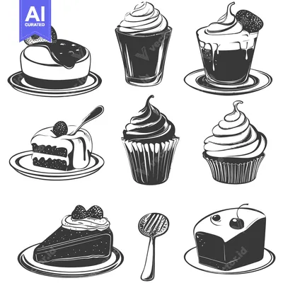 Aset desain premium: A Collection of Black and White Sweet Treats, Including Cakes, Cupcake