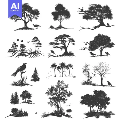 Aset desain premium: A Collection of Black and White Tree Silhouettes with Birds
