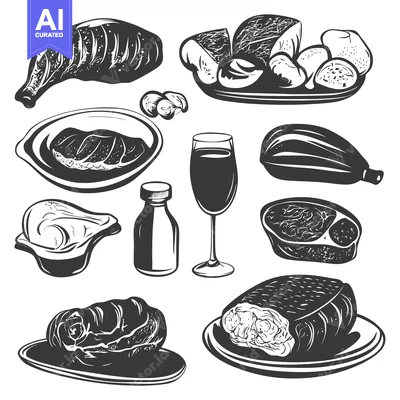 Premium design asset: A Collection of Black and White Vintage-Style Images of Meats, Vegetab