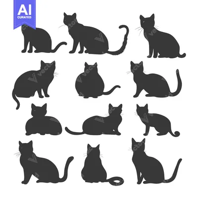 Aset desain premium: A Collection of Black Cat Silhouettes in Various Poses