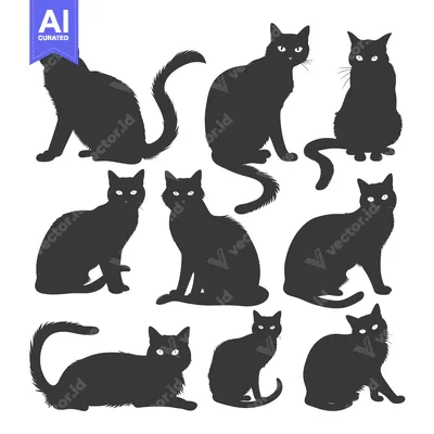 Aset premium populer: A Collection of Black Cat Silhouettes in Various Poses