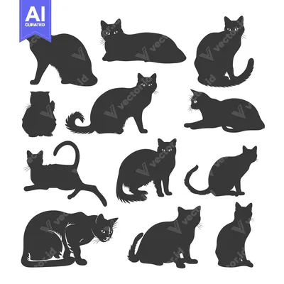 Aset desain premium: A Collection of Black Cat Silhouettes in Various Poses
