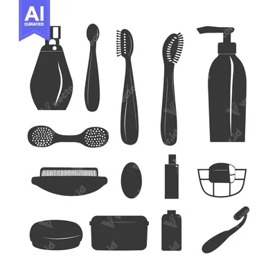 A collection of black silhouette icons of bathroom and beauty supplies