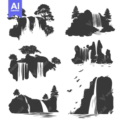 A collection of black silhouette illustrations depicting various water