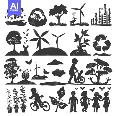 Aset premium populer: A Collection of Black Silhouettes Depicting Nature, Ecology, and Child