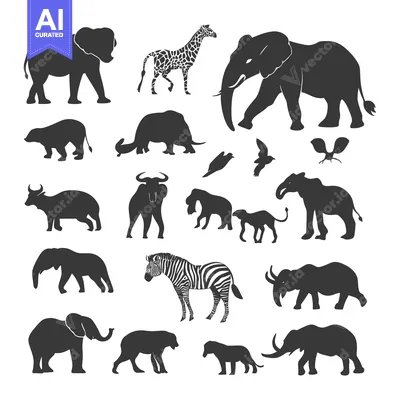 Aset premium populer: A Collection of Black Silhouettes of African Animals