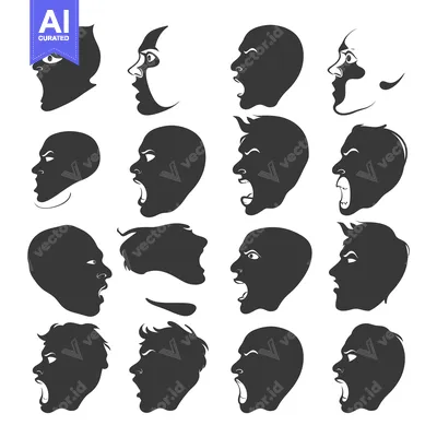 A Collection of Black Silhouettes of Faces with Different Expressions,