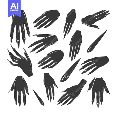 Aset premium populer: A Collection of Black Silhouettes of Female Hands with Long, Sharp Nai
