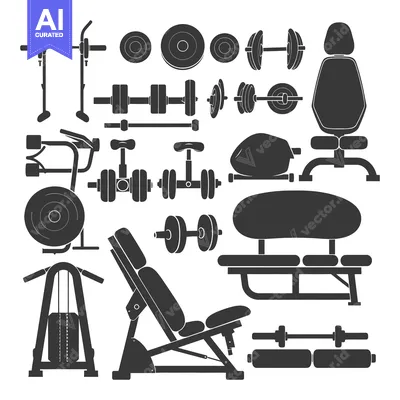Aset premium populer: A Collection of Black Silhouettes of Gym Equipment