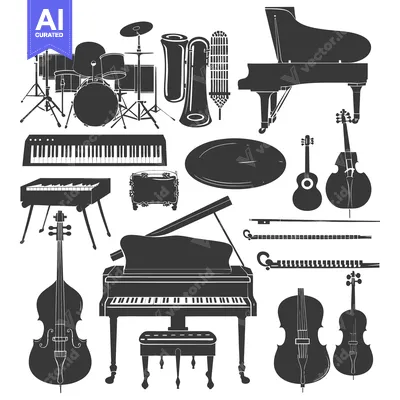 Aset premium populer: A Collection of Black Silhouettes of Musical Instruments