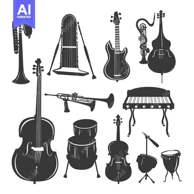 Aset desain premium: A Collection of Black Silhouettes of Musical Instruments