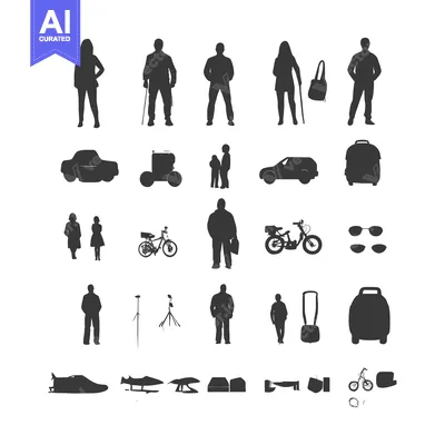 Aset premium populer: A Collection of Black Silhouettes of People, Vehicles, and Objects